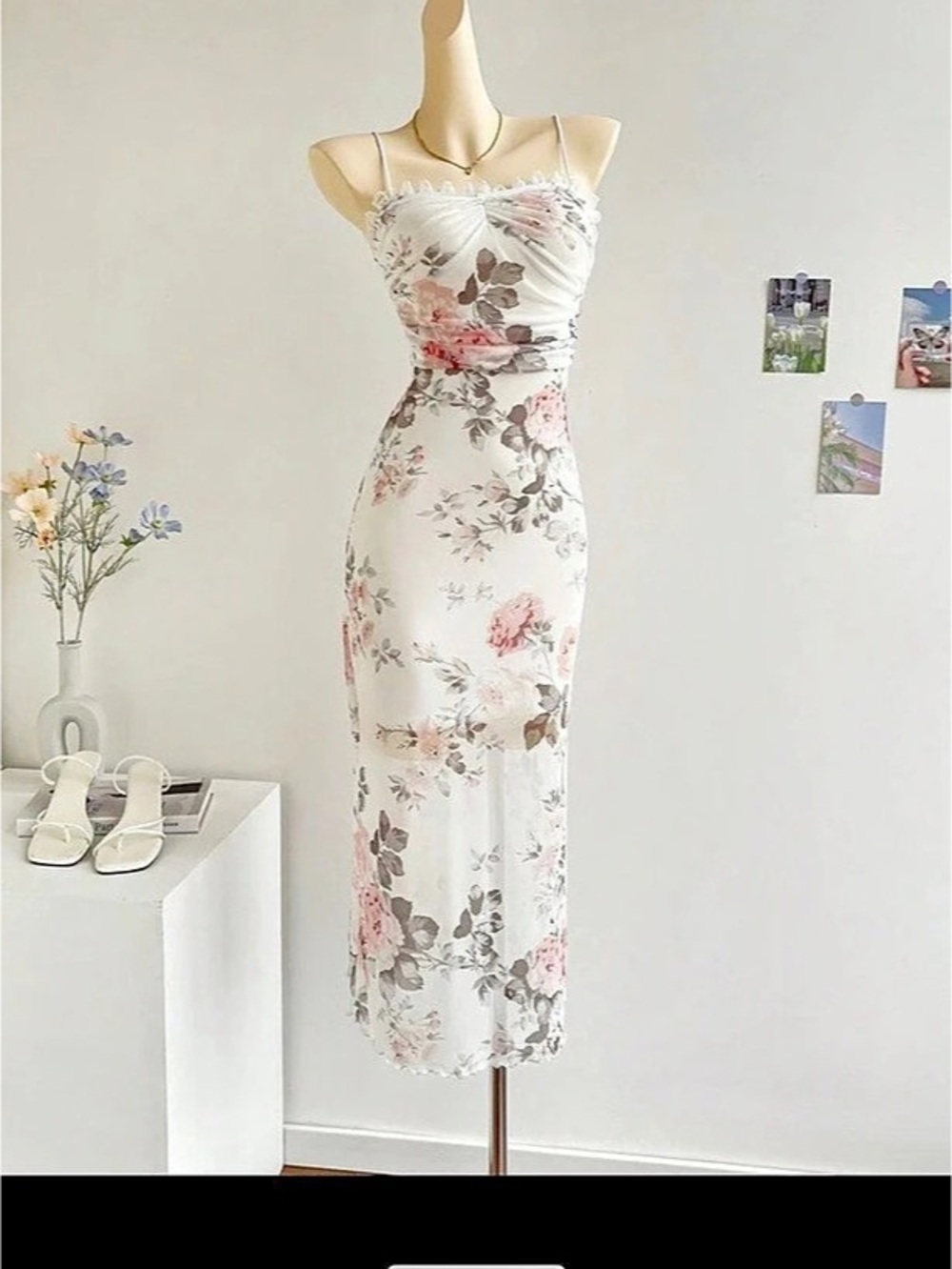Floral Print Ruched Mesh Cami Dress